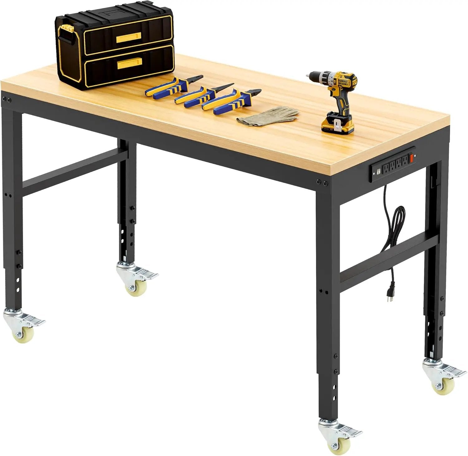 48” Adjustable Workbench，Heavy Duty Wood Work Bench 2000 Lbs Load Capacity,Work Table with Power Outlet and Wheels for Garage, Workshop, Office, Home by GreenHaven Gardens