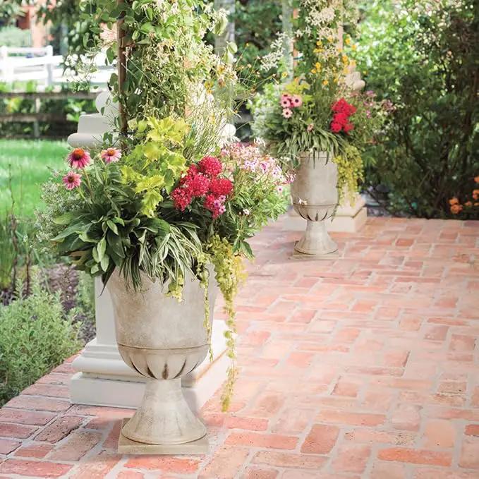 Worth Garden Plastic Urn Planters for Outdoor Plants, Tree 22'' Tall 2 Pack Round Classic Resin Flower Pots Indoor Beige Traditional Front Porch 15 in Dia. Large Imitation Stone Decorative Patio Deck by GreenHaven Gardens