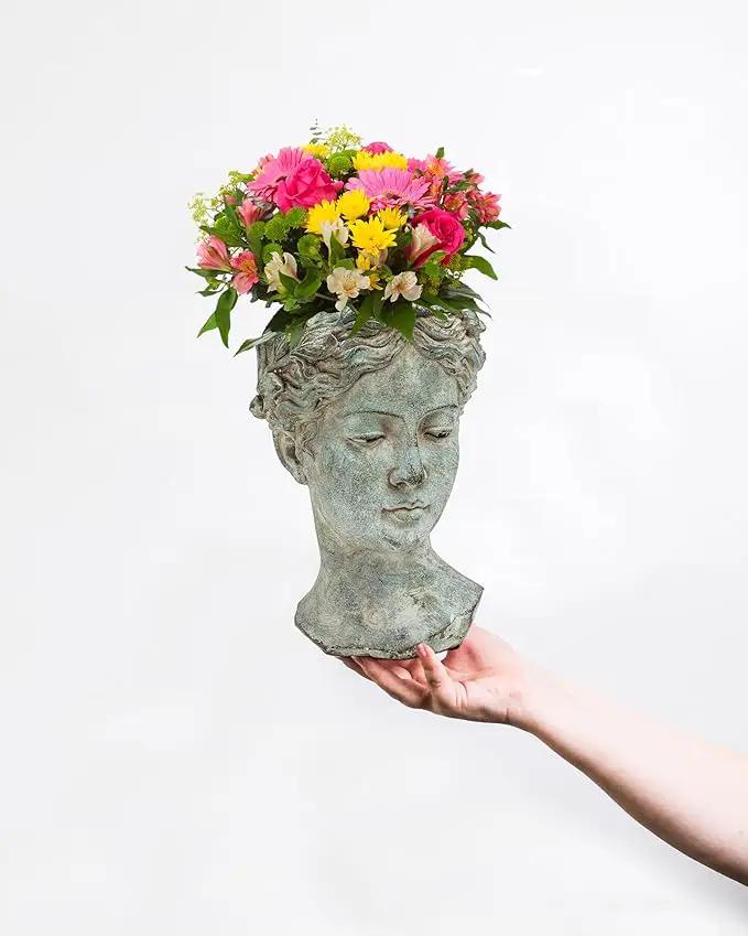 Abbott Collection Goddess Head Planter - Small Cement Indoor and Outdoor Planter Pot - Grecian Woman Statue Head Planter for Flowers and Succulents (Grey, 3.5" Opening) by GreenHaven Gardens