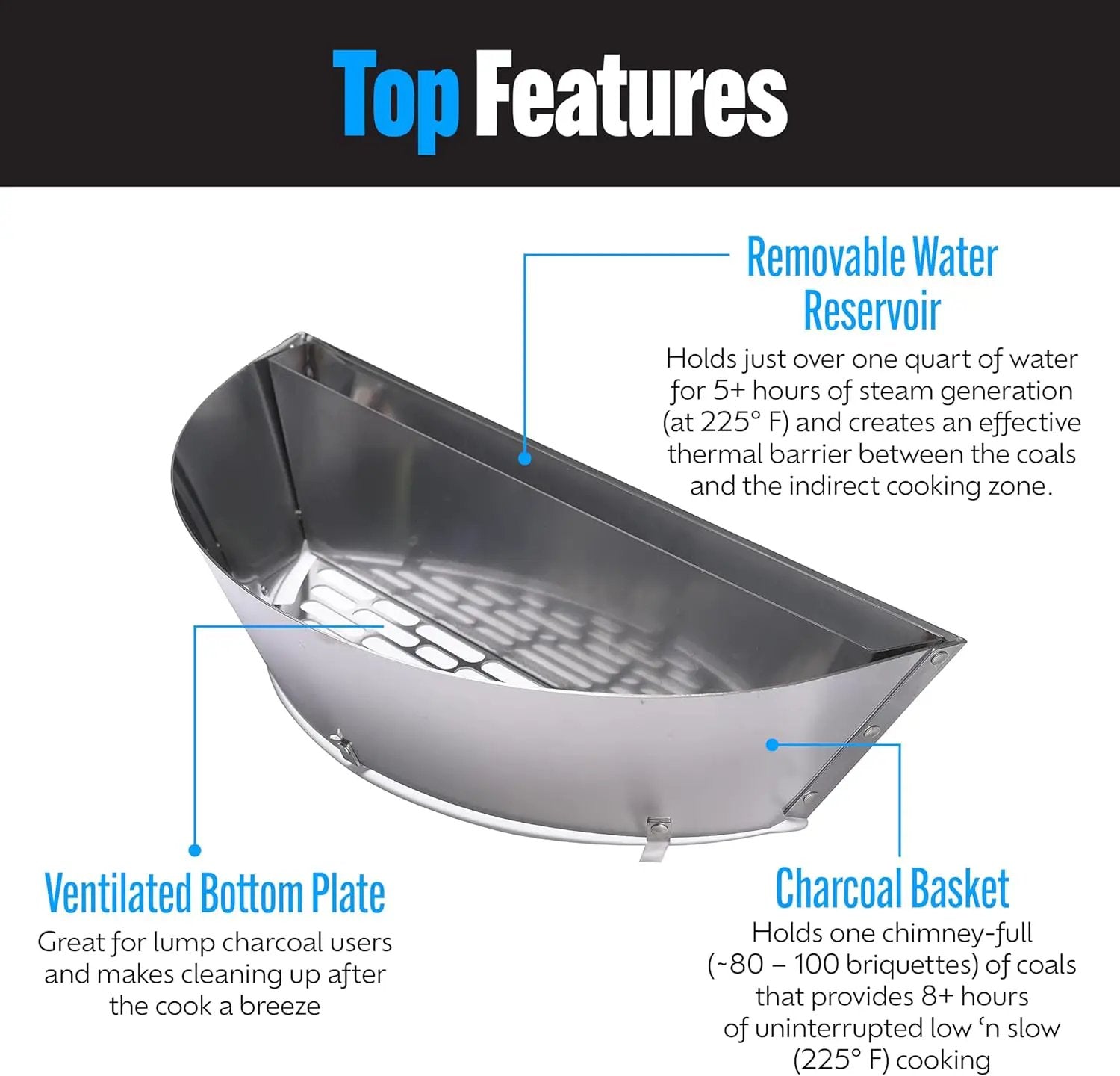 SnS Grills Patented Slow ‘N Sear® Deluxe Insert - Stainless Steel Charcoal Basket with Removeable Water Reservoir for Low ‘N Slow Smoking & Charcoal Grilling on Weber & Other Kettle Grills - 22 in by GreenHaven Gardens