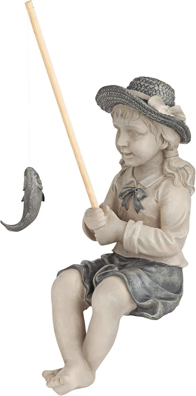 Design Toscano Big Catch Fisherwoman Nellie Girl with Fishing Pole Garden Statue, Medium 17 Inch Tall, Cast Stone Resin, Two Tone Stone Finish by GreenHaven Gardens