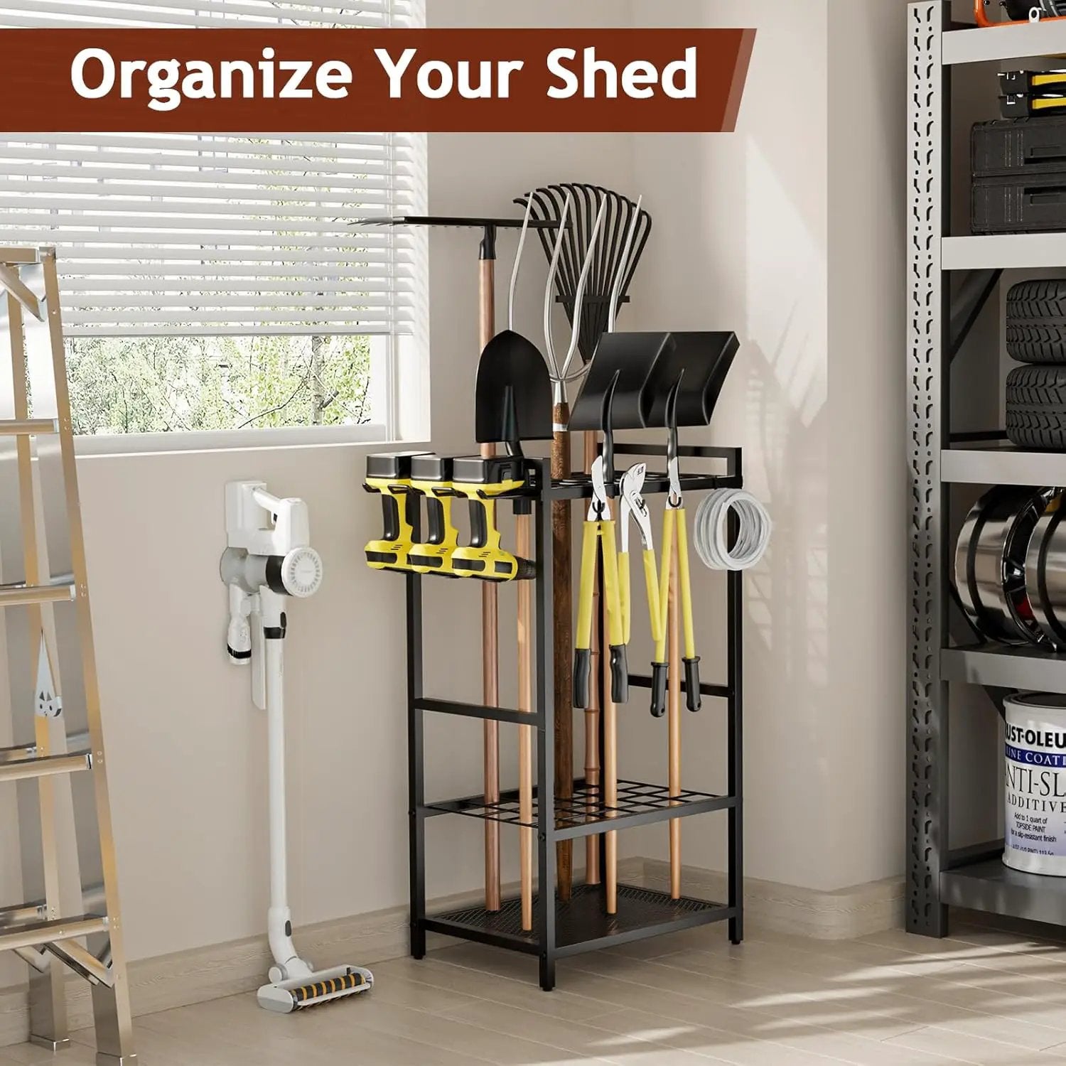 Garden Garage Tool Organizer - Yard Tool Organizer for Garage with 4 Hooks, Heavy duty Steel Garden Tool Rack Holds up to 48 Long Handled Yard tools for Storage by GreenHaven Gardens