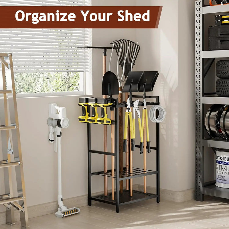 Garden Garage Tool Organizer - Yard Tool Organizer for Garage with 4 Hooks, Heavy duty Steel Garden Tool Rack Holds up to 48 Long Handled Yard tools for Storage by GreenHaven Gardens