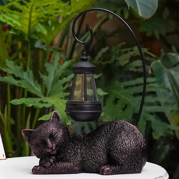 Cat Statue with Light Lantern Outdoor Garden Decor, Sleeping Cat Figurine with Solar-Powered LED Light, 13 Inches Tall Antique Bronze, Perfect for Gift Garden Decor or Housewarming for Cat Lovers by GreenHaven Gardens
