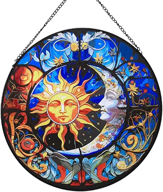 Stained Glass Suncatcher,Sun and Moon Artistic Window Hanging,7.8” Hand-Painted Glass Panel Wall Home Decor,Gift for Women Garden Decor Suncatcher (Sun and Moon), BL009 by GreenHaven Gardens