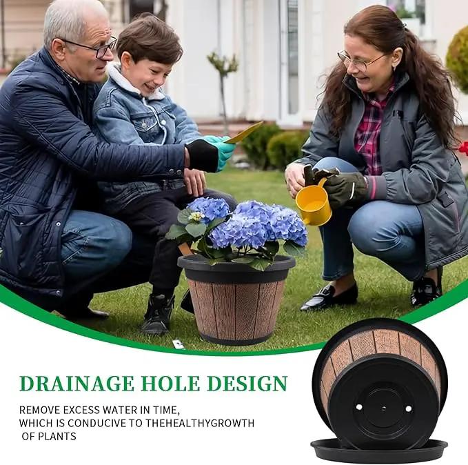 Quarut 4 Pack 12 inch Plant Pots,Whiskey Barrel Planters with Drainage Holes & Saucer,Plastic Decoration Flower Pots Retro Design,Planters for Outdoor Indoor Garden Home Plants (Brown) by GreenHaven Gardens