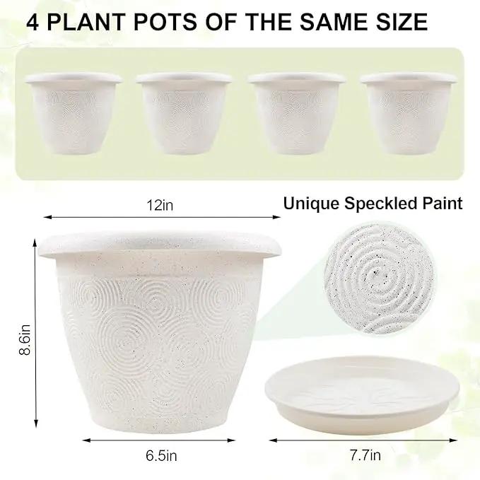Plastic Flower Pots Planters for Indoor Plants, 4 Pack 12 Inch White Plant Pots with Drainage Hole & Tray, Modern Decorative Large Plant Pot with Saucer for Indoor Outdoor Plants Garden House Planter by GreenHaven Gardens