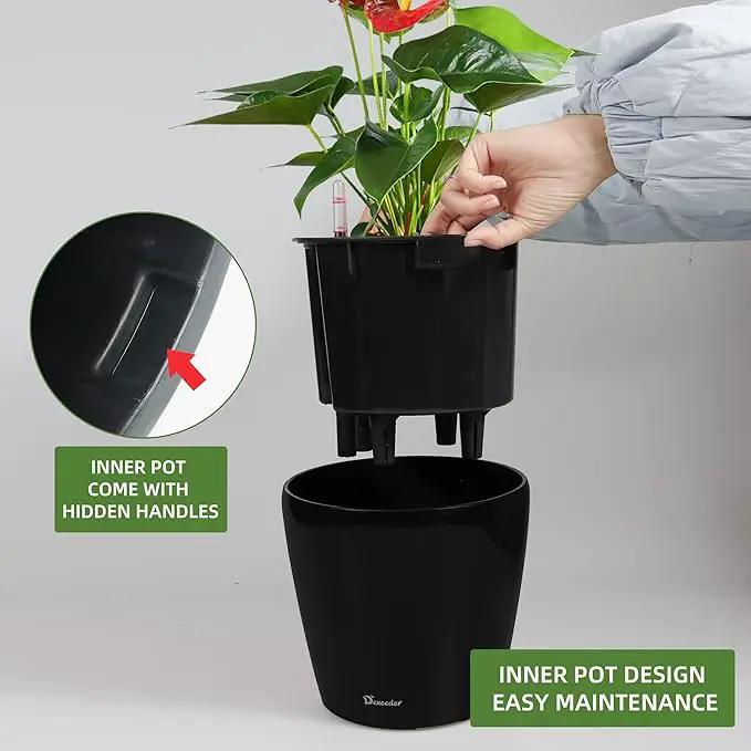 Dexceder 11x10 Inches High Gloss Self Watering Planter Indoor Outdoor, Inner Pot Design, Thickened Table Flower Plant Pot with Water Level Indicator (Black) by GreenHaven Gardens