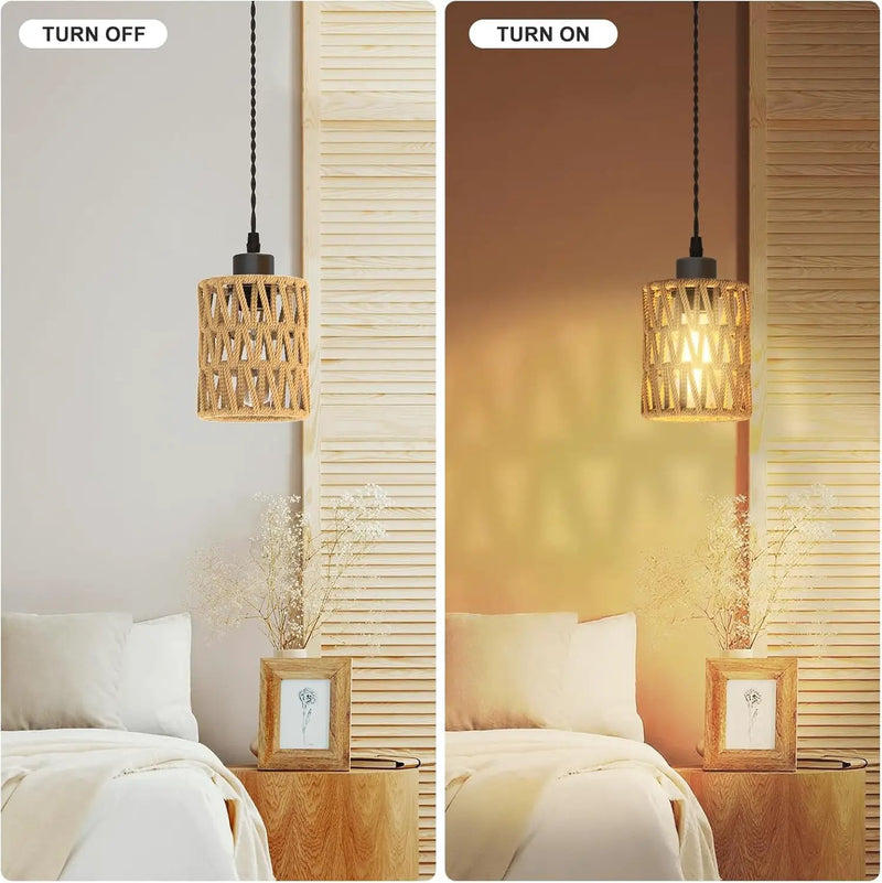 Farmhouse Hemp Rope Pendant Light - Rustic Hand-Woven Rattan Boho Hanging Light for Kitchen Island,Dining Room,Bedroom -Wicker Cage Chandelier-Coastal/Nautical Lighting Fixture Fixture(1Pack) by GreenHaven Gardens