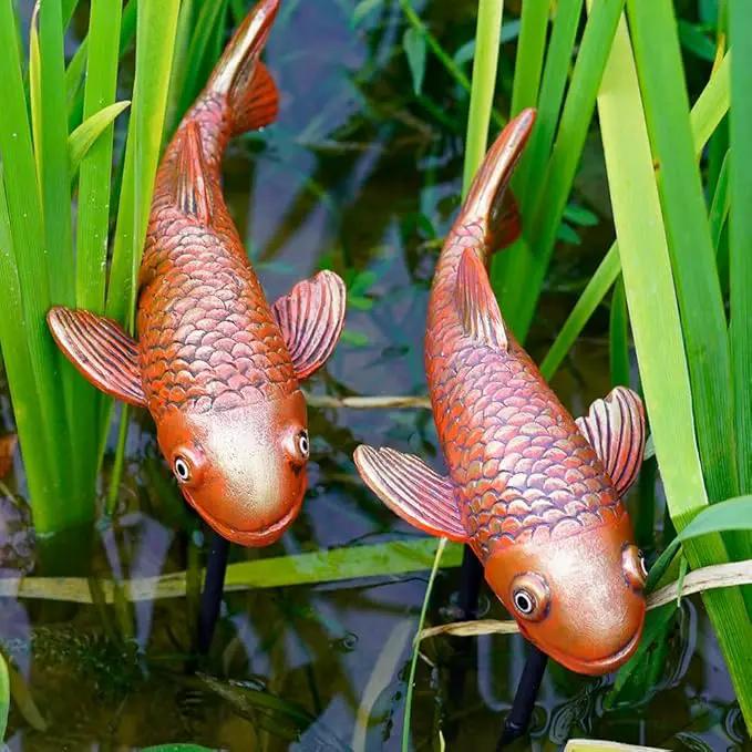 Antique Ceramic Koi Fish Garden Statues - Set of 2 | Exquisite Fish Sculptures for Outdoor, Patio, Pond, and Garden Decorations (Brassy) by GreenHaven Gardens