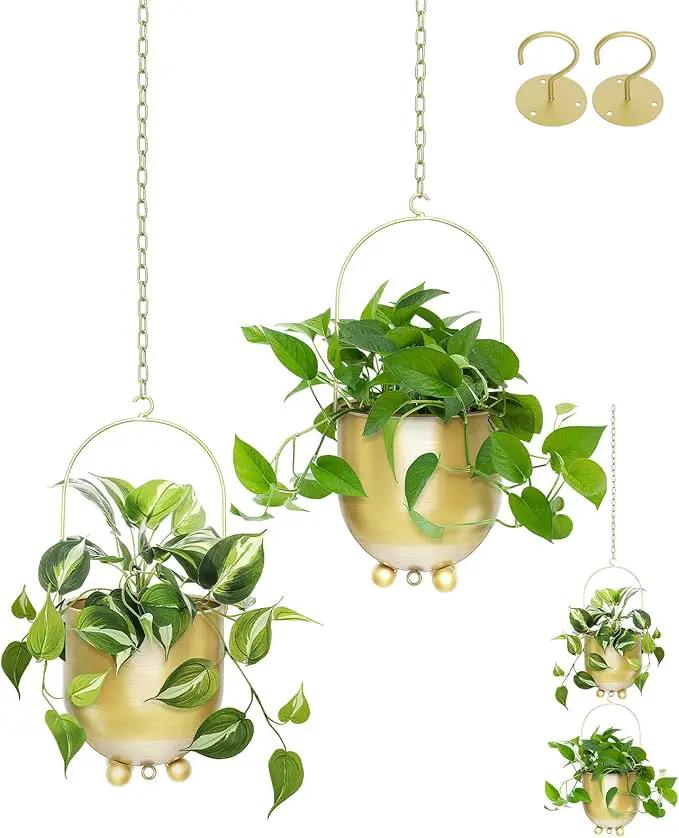 AceList Boho Gold Metal Hanging Planters, Set of 2 with Hooks & Chains - Versatile Wall & Ceiling Window Hanging Planters for Indoor/Outdoor Décor by GreenHaven Gardens
