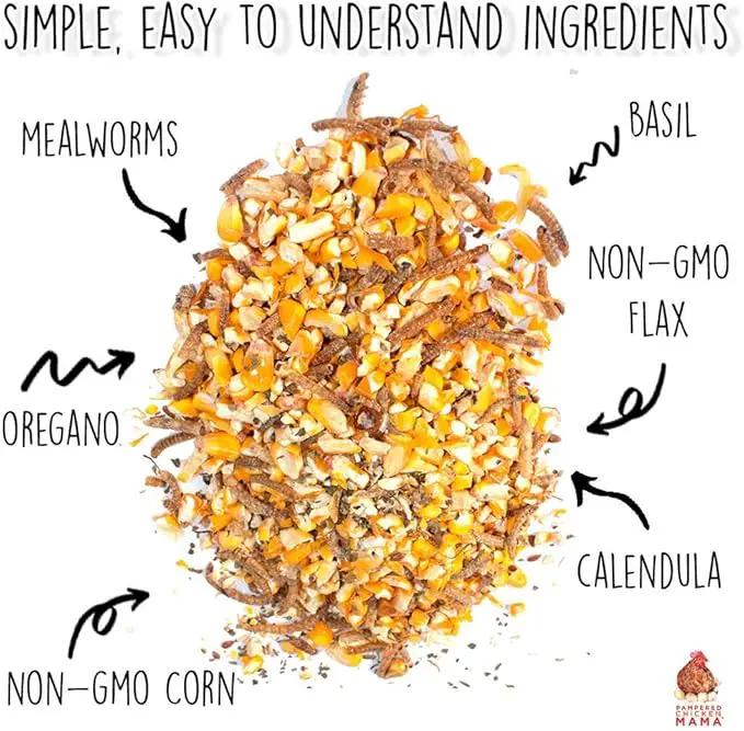 Pampered Chicken Mama Non-GMO Mealworm, Corn, Flax, & Herb Treat (10 Pounds) for Backyard Chickens, Healthy Layer Feed & Supplies for Pet Chickens Poultry Queen Treat for Hens by GreenHaven Gardens