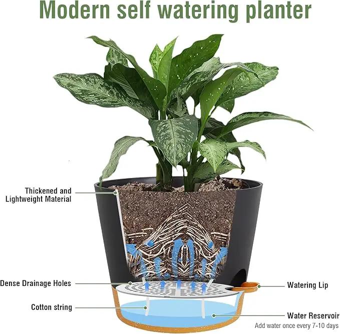 12 inch Large Self Watering Pots, Plant Pots with Mesh Drainage Holes for Indoor Outdoor Plants, Plastic Planters with Deep Reservoir for Garden House Flower Plants, Black with Brown by GreenHaven Gardens