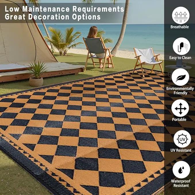 Outdoor Waterproof Rug 8'x10' Plastic Straw Rugs Washable Reversible Floor Mat Brown Plaid Carpet for Camping RV Deck Entryance Porch Picnic Balcony Beach Backyard by GreenHaven Gardens