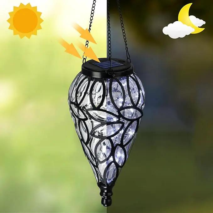 Outdoor Plastic Solar Hanging Lantern, 15 Cool White LEDs Twinkle Effect Tear-Shaped Hanging Lantern Decor Garden Decorative Solar Lights for Backyard, Patio and Lawn by GreenHaven Gardens