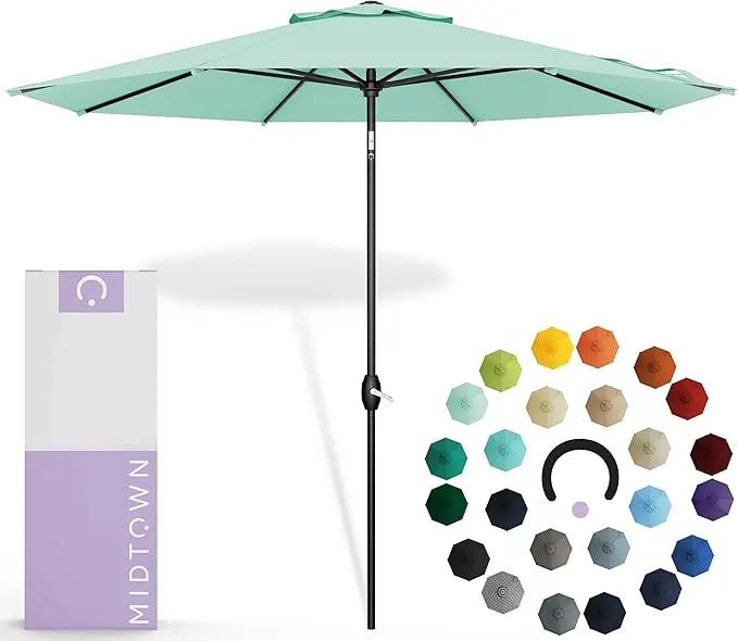 Midtown Umbrellas Sunbrella Umbrella 9 Feet Outdoor Umbrella With Canvas Glacier Acrylic Fabric - Auto-Tilt Aluminum Frame Patio Umbrella For Backyard, Deck, Garden, Pool - Black Pole by GreenHaven Gardens