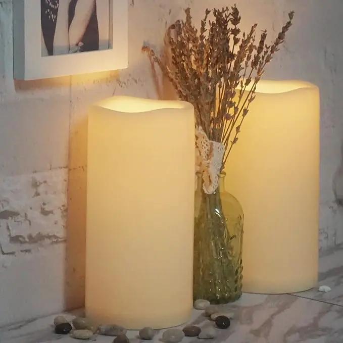 CANDLE CHOICE Waterproof Outdoor Battery Operated Flameless Candles with Timer Large Plastic Resin Bright Flickering Electric LED Pillars Lantern Garden Wedding Christmas Decorations 4”(D)x8”(H) 2 PCS by GreenHaven Gardens