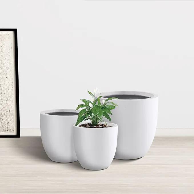 Kante 18",14",10" Dia Concrete Round Planters (Set of 3), Outdoor Indoor Large Planter Pots with Drainage Hole and Rubber Plug for Home Patio Garden, Pure White by GreenHaven Gardens