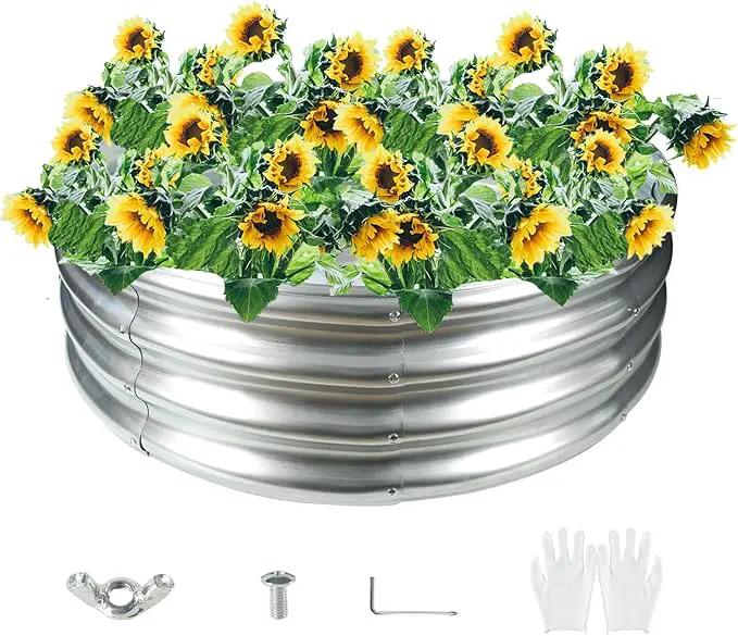 Durable Round Galvanized Steel Raised Garden Bed for Planting,Round Galvanized Steel Fire Ring/Fir Pit 32-Inch for Outdoor,0.8MM Thick (32 ins Diameter x 12 ins high, Silver) by GreenHaven Gardens
