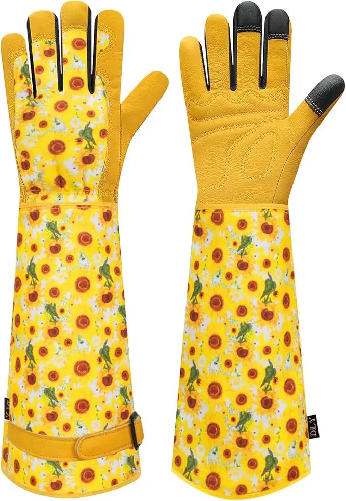 DLY Gardening Gloves for Women, Rose Gloves Gardening Thorn Proof, Long Garden Gloves for Women, Breathable Cowhide Leather Gauntlet (Medium, Yellow by GreenHaven Gardens