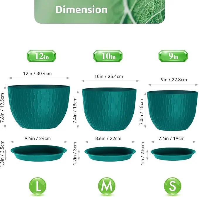 Plant Pots 12/10/9 Inch Pots, Set of 3 Plastic Planters with Drainage Holes and Saucers,Plastic Flower Pots,Nursery Planting Pot for Indoor Out Door Plants（Teal） by GreenHaven Gardens