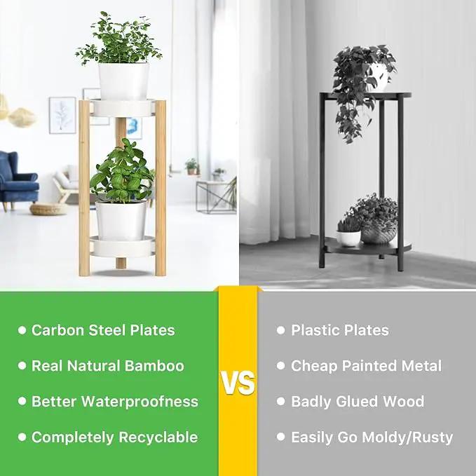 Bamboo Plant Stands Indoor, 2 Tier Steel Tray Tall Corner Plant Stand Holder & Plant Display Rack for Outdoor Garden Indoor Home (2 Tier) by GreenHaven Gardens