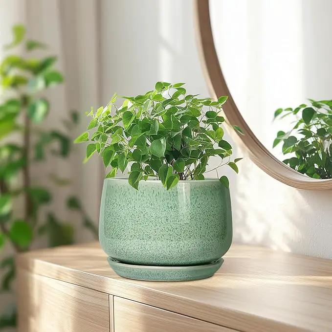 G EPGardening Ceramic Plant Pot - 7 Inch Ceramic Planter for Indoor Outdoor Plants, Flower Pot with Drainage Hole and Tray, Modern Round Planter, Plants Lovers Gifts, Home Garden Decor, Green by GreenHaven Gardens