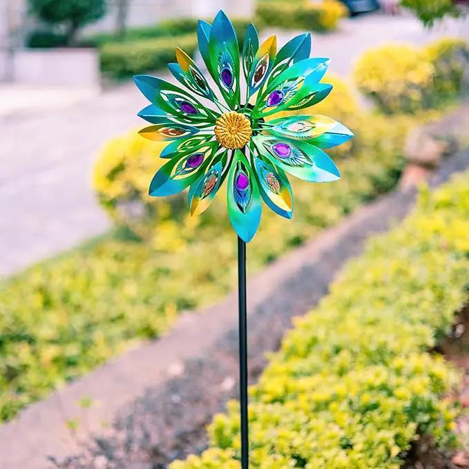 53 Inch Wind Spinner - Outdoor Metal Peacock Wind Sculptures for Garden, Patio, Yard, Lawn Decorations Double Windmill Spinner by GreenHaven Gardens