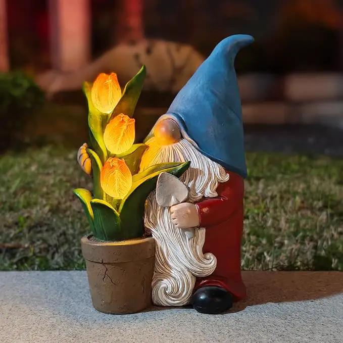 Garden Gnome Statue, Sculpture of a Dwarf Holding a Shovel and a Flower Pot, Solar Gnome Statues Outdoor Decor, Outside Lawn Patio Yard Ornament Gifts by GreenHaven Gardens