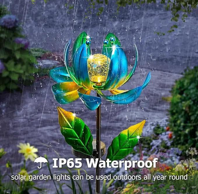 Solar Yard Lights Wind Spinners- Metal Lotus Flower Garden Decor LED Crackle Glass Globe Yard Art Sculpture Solar Stake Lights for Patio Pathway Lawn Walkway by GreenHaven Gardens