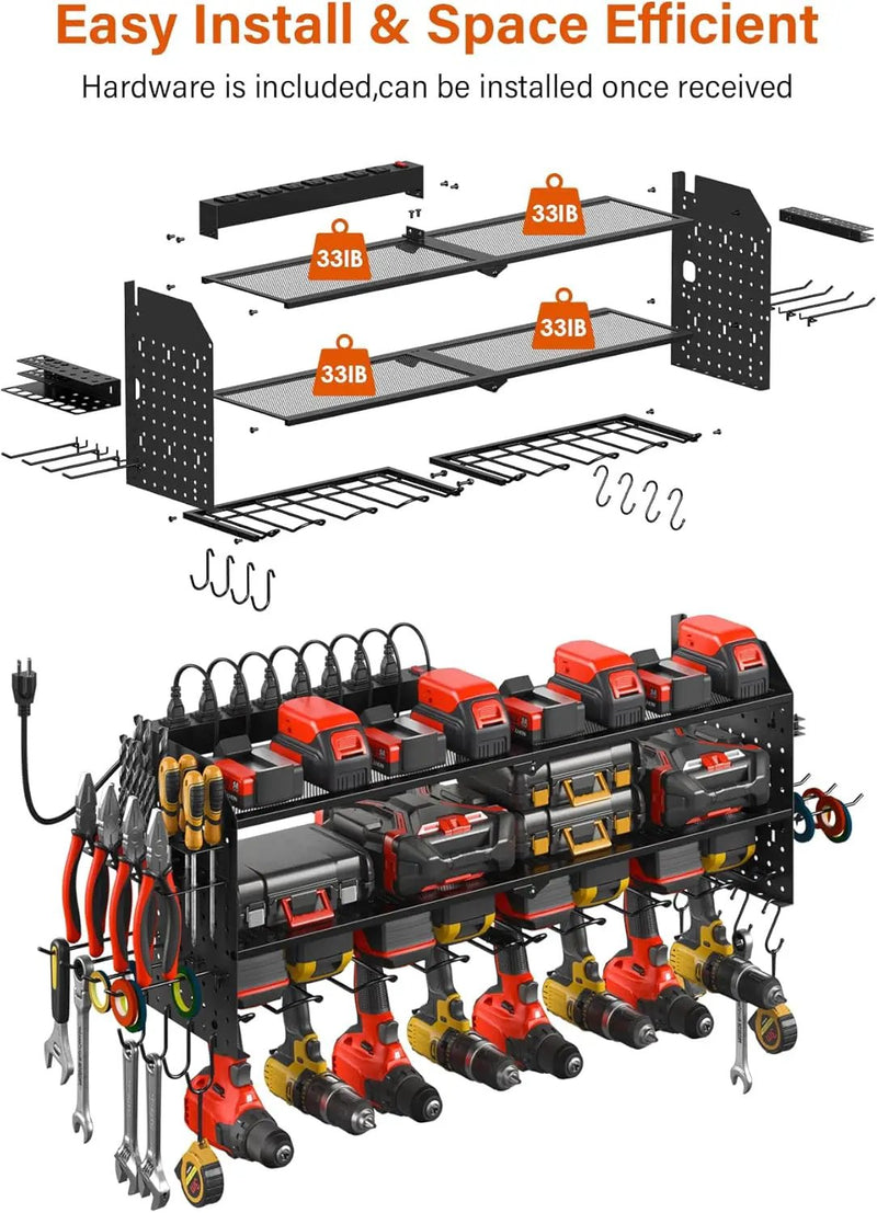 JUNNUJ Large Pegboard Power Tool Organizer with Charging Station, 8 Drills Driver and Tools Battery Holder Wall Mount with 8 Outlet Power Strip, Black 3-Layer Shop Garage Storage Utility Rack by GreenHaven Gardens
