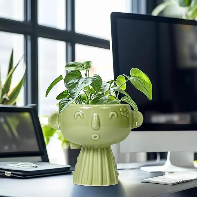 Face Planter Pot - 7 Inch Ceramic Head Planter for Indoor Plants Outdoor, Cute Succulent Flower Pots with Drainage Hole, Room Home Garden Decor, Gardening Gifts, Green by GreenHaven Gardens