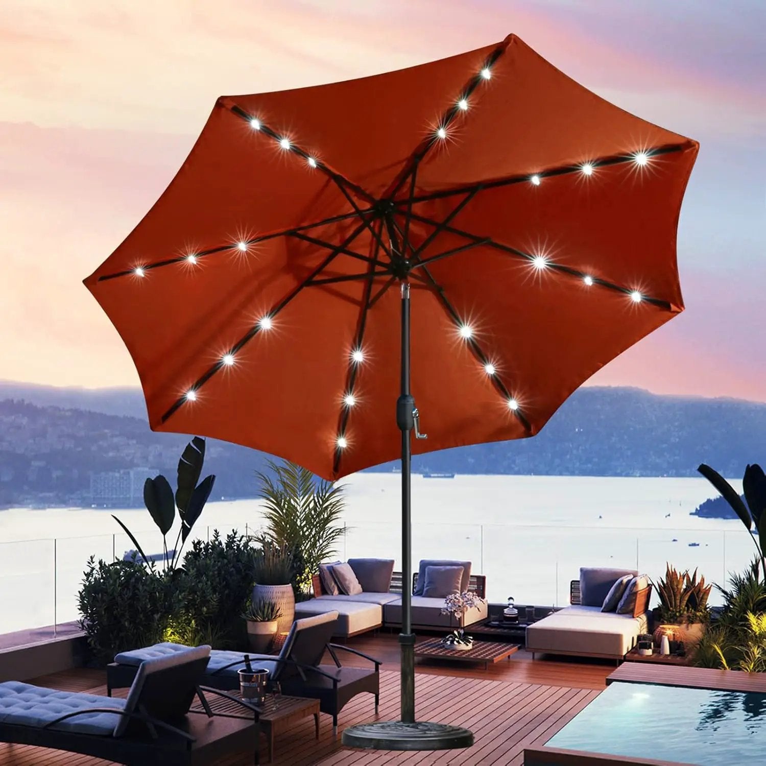 Sunnyglade 9' Solar LED Lighted Patio Umbrella with 8 Ribs/Tilt Adjustment and Crank Lift System (Orange) by GreenHaven Gardens