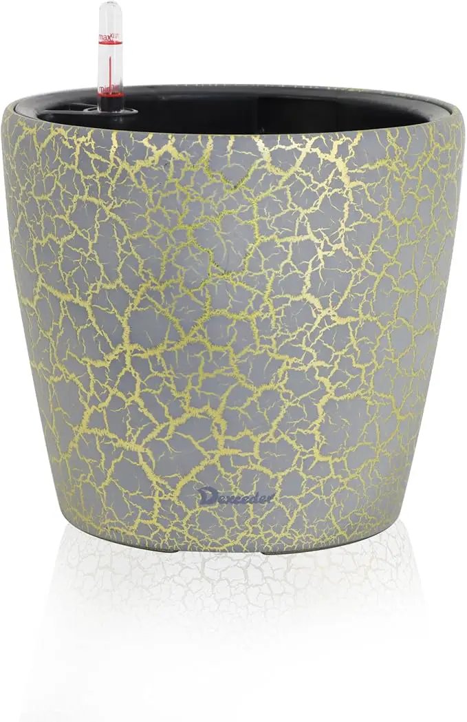 Dexceder 11x10 Inches Self Watering Planter Indoor Outdoor, Inner Pot Design, Thickened Table Flower Plant Pot with Water Level Indicator (Grey Gold Crackle) by GreenHaven Gardens