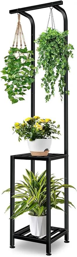 Plant Stand Indoor Outdoor, 65" Tall Plant Stand Outdoor 3 Tiered Hanging Plant Shelf Heavy Duty Flower Stand Multiple Plant Metal Display Rack for Living Room Garden Balcony by GreenHaven Gardens