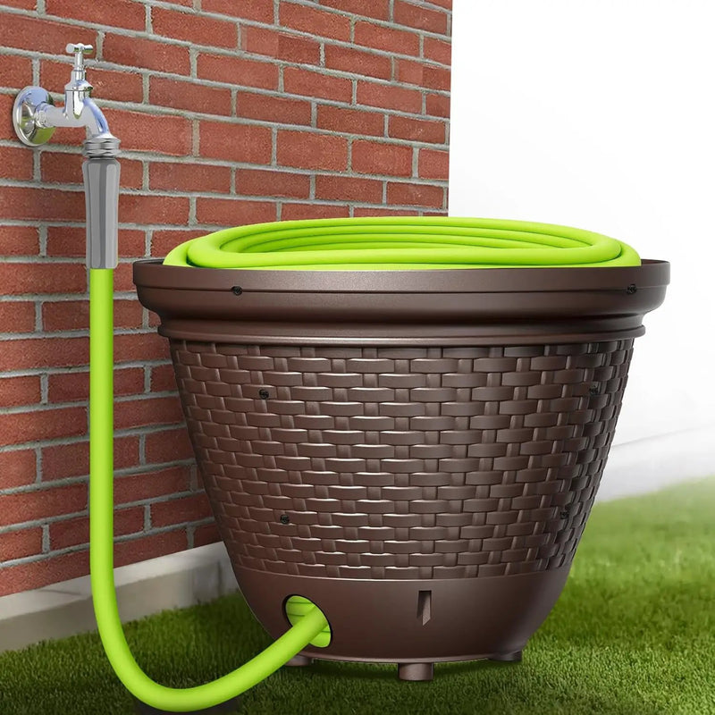 Riokko Garden Hose Holder Pot, Decorative Wicker Hose Holder, Water Hose Storage for Outside/Garage, Hose Box Fits 100-400 FT Hoses with 5 Drain Holes, Large Capacity & Assembly Required, Java by GreenHaven Gardens