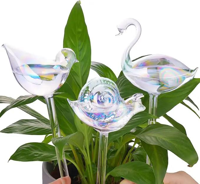 NiHome Glass Plant Self Watering Bulbs 3-Pack Iridescent Pearl Home Potted Planter Watering Bulbs Insert Decorative Devices Vacation Automatic Watering Spikes Indoor and Outdoor (Swan, Snail & Bird) by GreenHaven Gardens