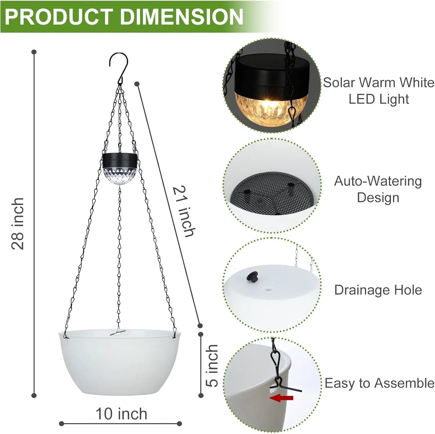 2 Packs Solar Hanging Basket Planters for Plants Outdoor, Self Watering White Flower Plants Pots with Solar Light Drainer for Balcony Patio Garden Outdoor Decoration by GreenHaven Gardens