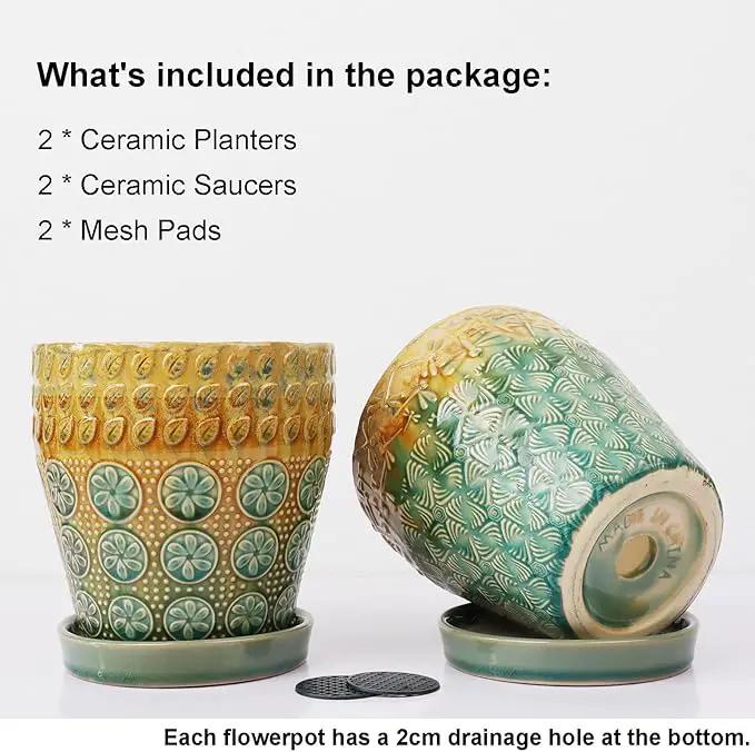 6 Inch Ceramic Planter with Drainage Hole and Saucer for Plants, Indoor-Outdoor Large Round Succulent Orchid Flower Pot, Set of 2 by GreenHaven Gardens