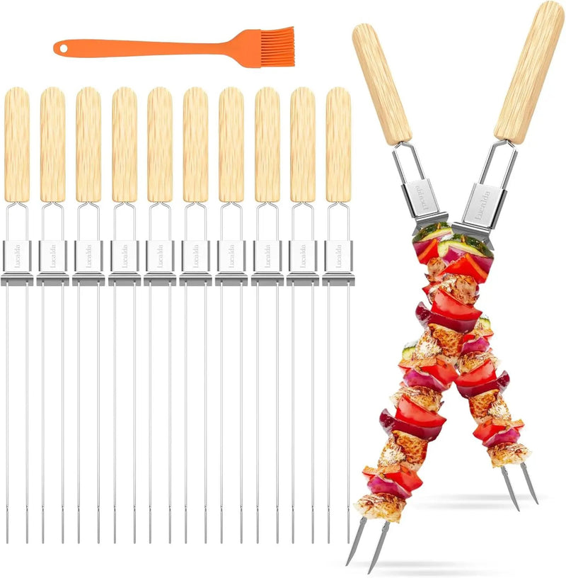 Skewers for Grilling, 17" (10 Pcs) Wooden Handle Double Pronged Stainless Steel Flat Kabob Skewers with Push Bar, Reusable Long Metal Skewer Sticks for Meat Chicken Vegetable, BBQ Accessories by GreenHaven Gardens