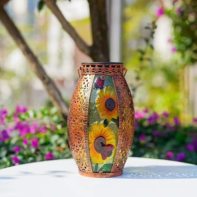 Sunflower Solar Lanterns Outdoor Waterproof,Hanging Solar Lantern with Ladybug,Outdoor Solar Lanterns with Hollowed-Out Design Metal &Glass Lantern,Solar Lights for Garden Patio Lawn Decor by GreenHaven Gardens