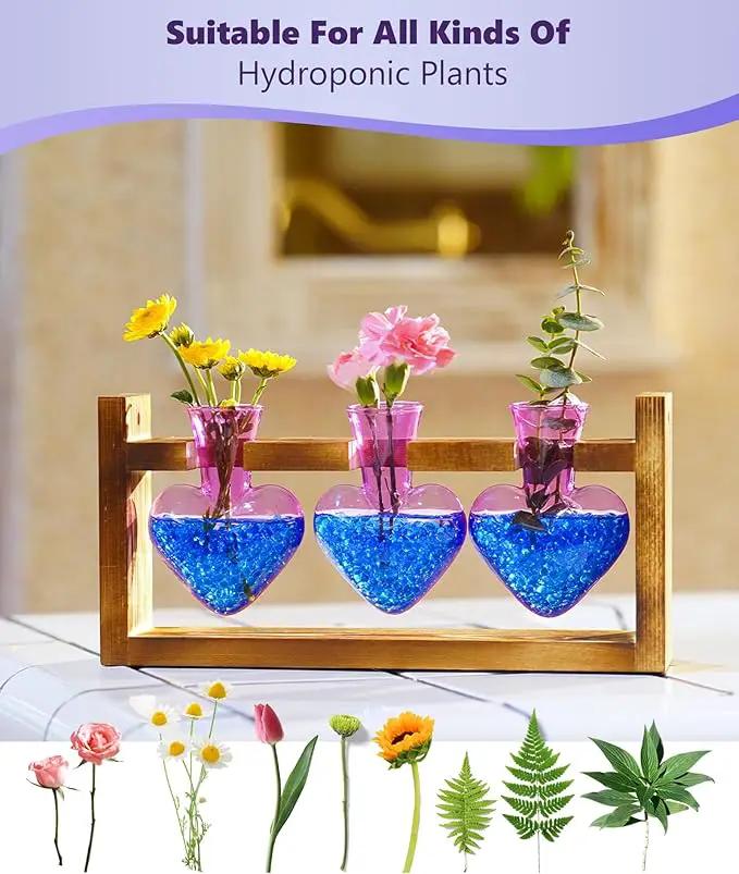 Nacome Plant Terrarium for Office Decor: Birthday Gifts for Plant Lovers Women Mom Wife - Wooden Stand Tabletop Planter 3 Bulb Glass Vase Heart Shaped for Hydroponics Indoor Home(Purple) by GreenHaven Gardens