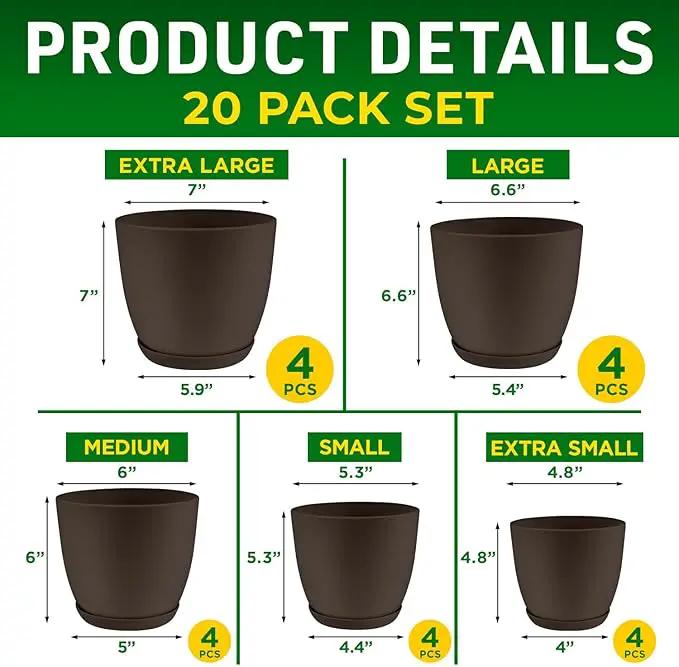 Planter Pots with Drainage Holes - Lightweight, Durable & Space-Saving Pots for Indoor and Outdoor - Versatile Functionality, Simple Modern Design, Set of 20 Plastic Planter Pots - Brown by GreenHaven Gardens
