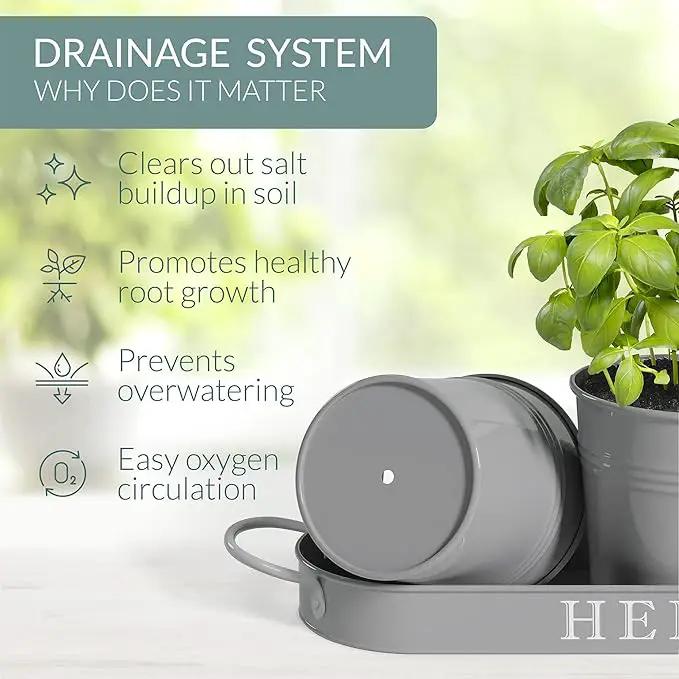 Barnyard Designs Indoor Herb Garden Planter Set with Tray, Metal Windowsill Plant Pots with Drainage for Outdoor or Indoor Plants, Set/3 (Cool Grey) by GreenHaven Gardens