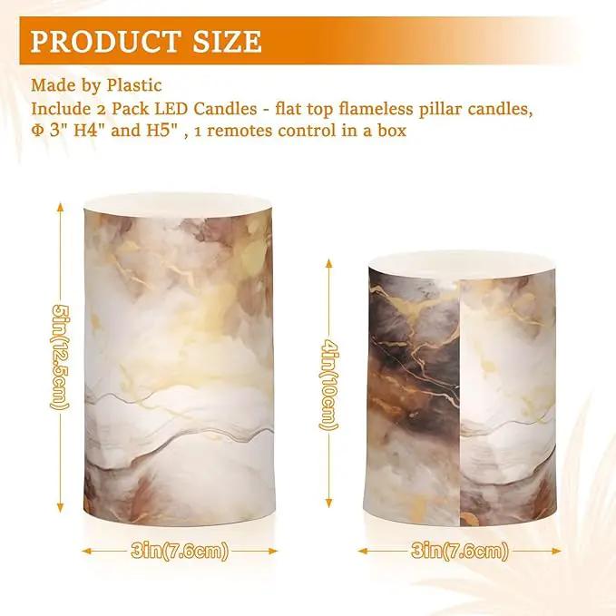 Flickering Flameless Candles, Brown White Marble LED Candles with Remote Timer, Set of 2 Battery Operated Candle for Valentine Wedding Birthday by GreenHaven Gardens
