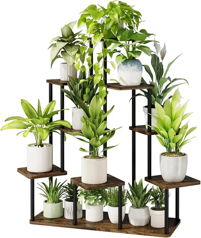Bamworld Large Plant Stand Indoor, 9 Tier Tall Metal Plant Shelf for Multiple Plants, Tiered Flower Stand for Patio Garden Balcony Living Room Bedroom(Brown) by GreenHaven Gardens