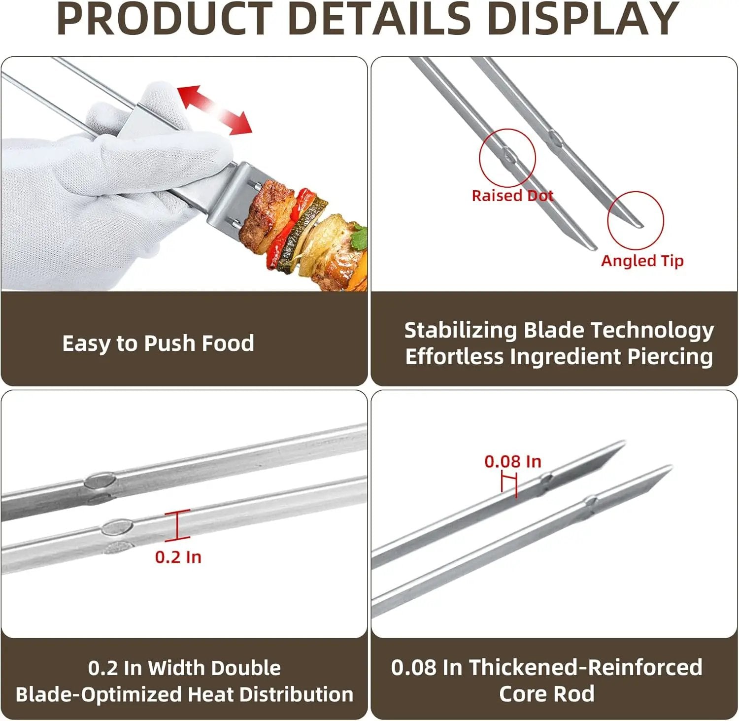 Skewers for Grilling, 17inch （6PCS）Double Fork Flat Stainless Steel Kabob Skewers with Slider, Reusable Metal BBQ Skewer for Meat, Vegetable, BBQ Accessories by GreenHaven Gardens