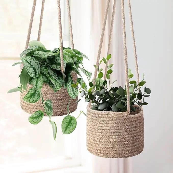 Flexzion Hanging Plant Basket, Boho Cotton Rope Basket Indoor Hanging Planter, Up to 7" Flower Pot, Macrame Woven Modern Plant Holder, Storage Bin Organizer, Home Decor with 20" Hanging Rope, Brown by GreenHaven Gardens