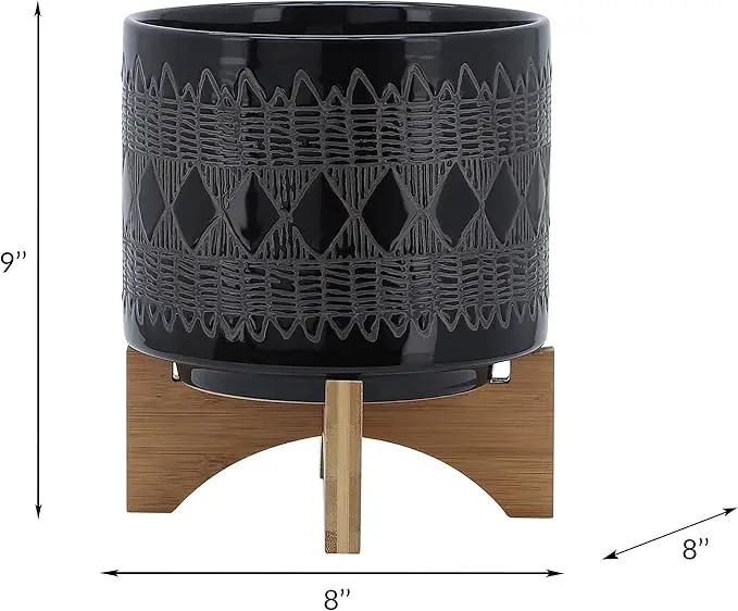 Sagebrook Home Black and Gray Aztec Design Ceramic Planter with Solid Rubberwood Stand for Tabletop Display in Living Room, Bedroom, or Office by GreenHaven Gardens