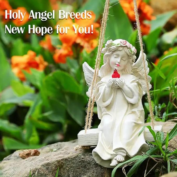 Angel Garden Statue,Fairy Solar Garden Decor with Warm Light,Waterproof Angel Statue with Swing & Holding Bird,Outdoor Garden Decor for Lawn Yard Patio Windowsill Garden Gifts, Apricot by GreenHaven Gardens